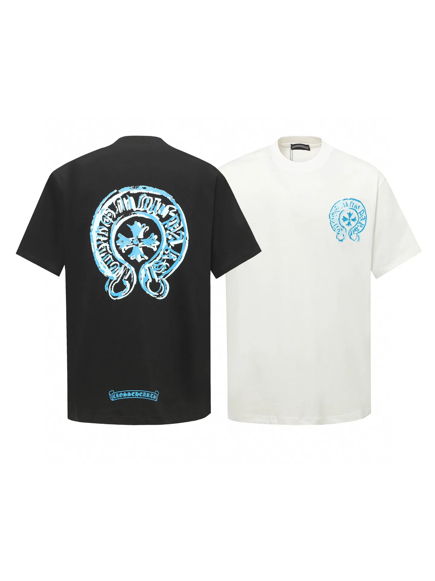🅿️170 Chrome hearte/Chrome heart ch 25ss early spring Sanskrit horseshoe print short-sleeved T-shirt. A must-have item for daily commuting for men and women in light luxury. The correct version is welcome to compare. Detailed features: ·280g 100% cotton double yarn jersey fabric. ·Custom-dyed in the same cylinder, special thickened 32 pieces double-strand 1x1 thread. ·Double-needle cross-stitch technology. ·Original main mark washed tag. Color: black white. Size: XS-L